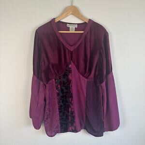 Seventh Avenue Plum Velvet Burnout Patchwork Blouse XL Bell Sleeve Dark Romantic